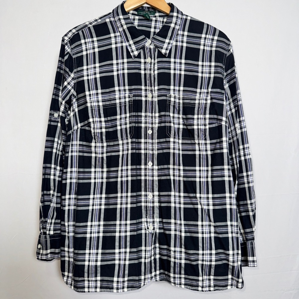 Lauren Ralph Lauren Black White Plaid Cotton Women's Plus 2x Button Down‎ Shirt